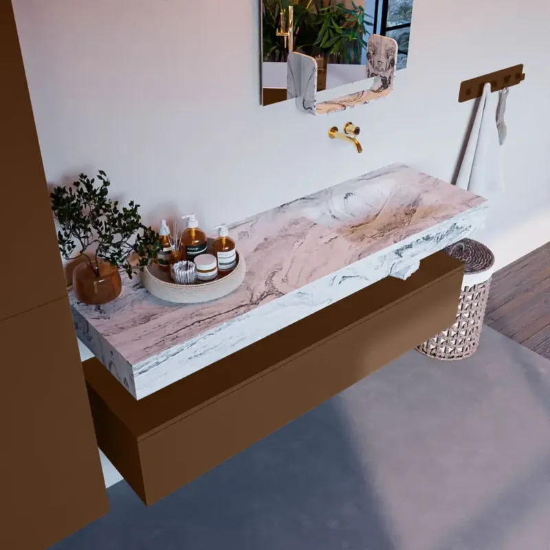 Mondiaz Alan DLux badmeubel 150cm rust 1 lade met wastafel glace rechts zonder kraangat Speciale Aanbieding