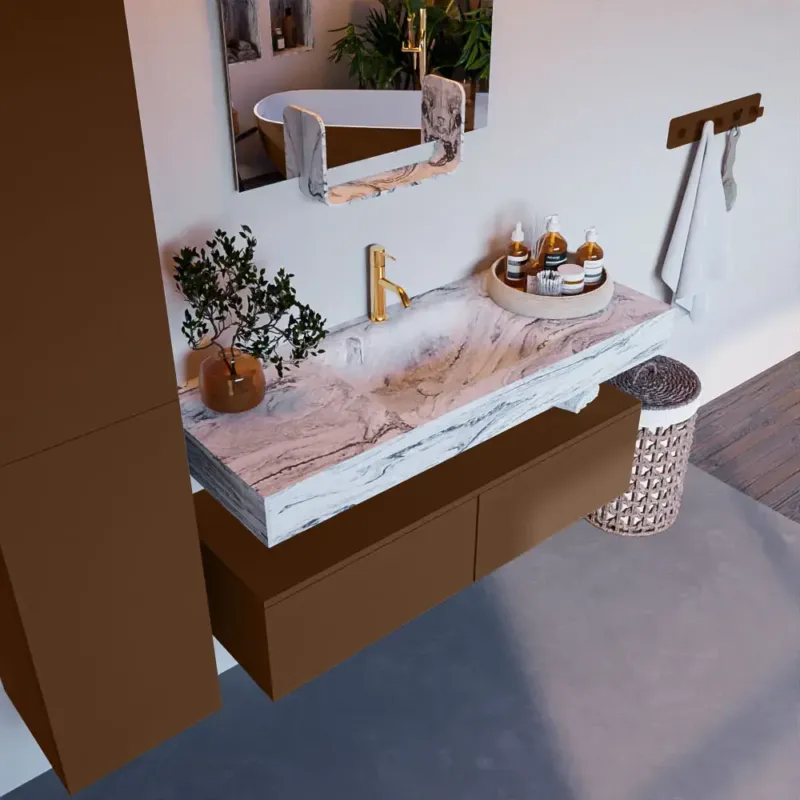 Mondiaz Alan DLux badmeubel 120cm rust 2 lades met wastafel glace midden 1 kraangat Laatste Kans