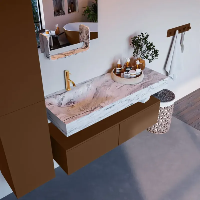 Mondiaz Alan DLux badmeubel 120cm rust 2 lades met wastafel glace links 1 kraangat Laatste Kans