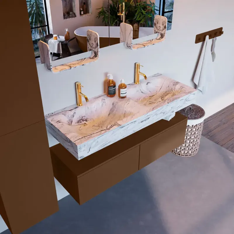 Mondiaz Alan DLux badmeubel 120cm rust 2 lades met wastafel glace dubbel 2 kraangaten Finale Uitverkoop