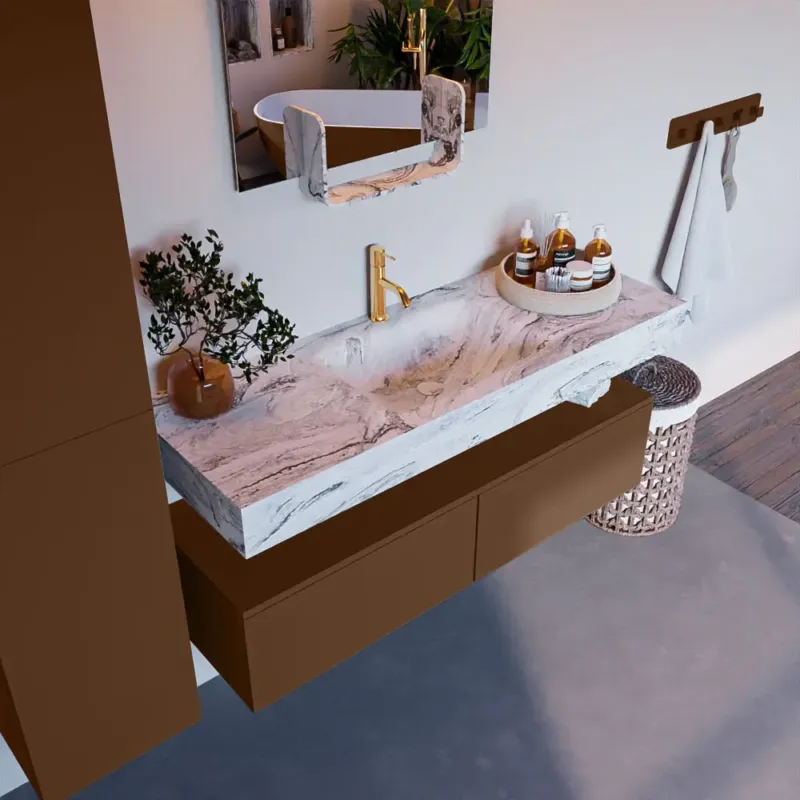 Mondiaz Alan DLux badmeubel 130cm rust 2 lades met wastafel glace midden 1 kraangat Korting