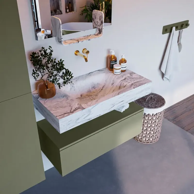 Mondiaz Alan DLux badmeubel 90cm army 1 lade met wastafel glace midden zonder kraangat Nieuw