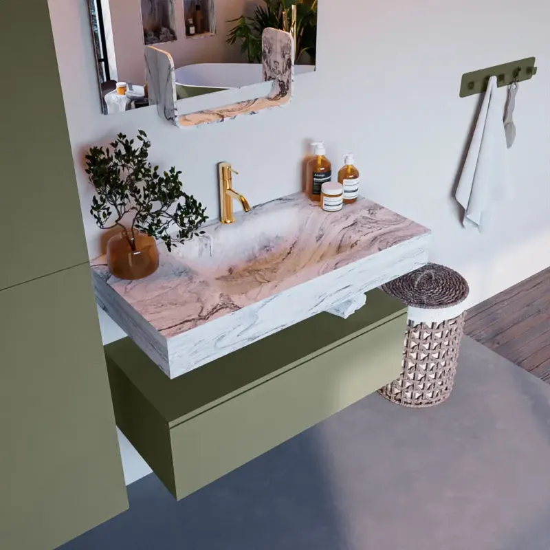 Beperkte Voorraad Mondiaz Alan DLux badmeubel 90cm army 1 lade met wastafel glace midden 1 kraangat