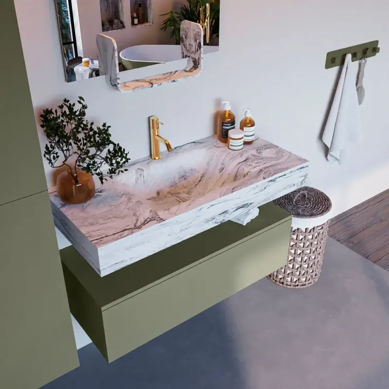 Mondiaz Alan DLux badmeubel 100cm army 1 lade met wastafel glace midden 1 kraangat Bestseller