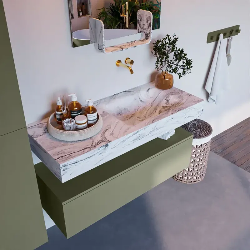 Shop Nu Mondiaz Alan DLux badmeubel 110cm army 1 lade met wastafel glace rechts zonder kraangat