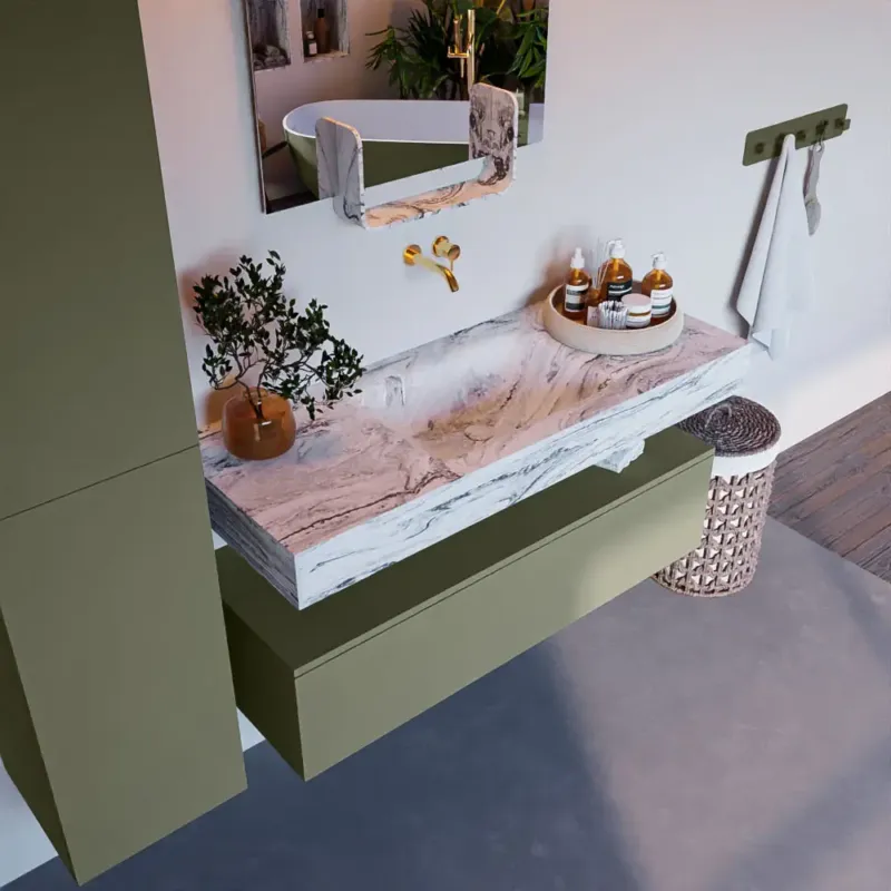 Mondiaz Alan DLux badmeubel 120cm army 1 lade met wastafel glace midden zonder kraangat Beperkt Aanbod