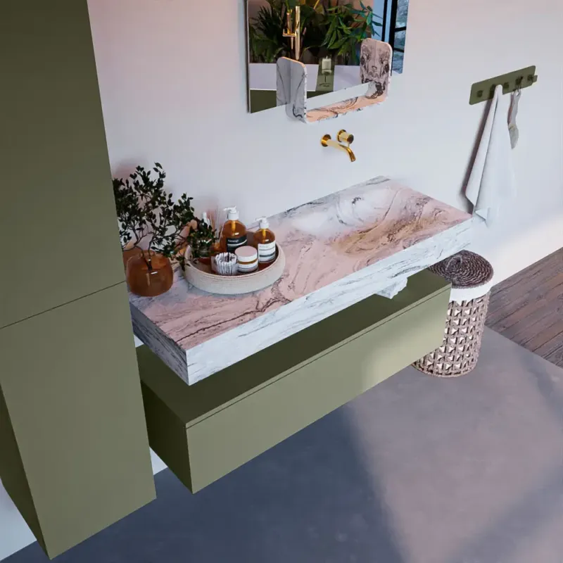 Mondiaz Alan DLux badmeubel 120cm army 1 lade met wastafel glace rechts zonder kraangat Beperkte Voorraad
