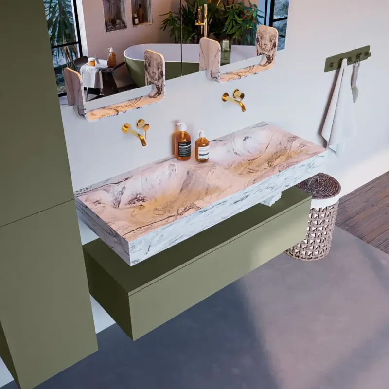 Lage Prijs Mondiaz Alan DLux badmeubel 120cm army 1 lade met wastafel glace dubbel zonder kraangat
