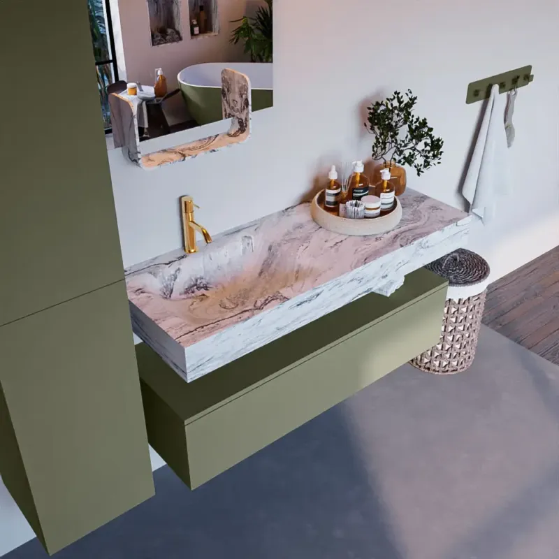 Gereduceerde Prijs Mondiaz Alan DLux badmeubel 120cm army 1 lade met wastafel glace links 1 kraangat