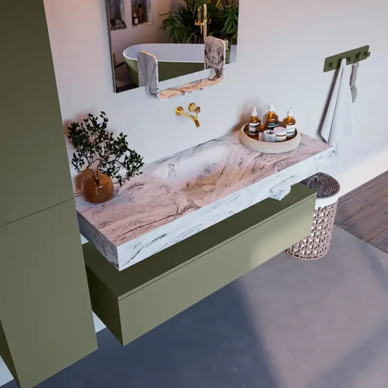 Mondiaz Alan DLux badmeubel 130cm army 1 lade met wastafel glace midden zonder kraangat Weekendaanbieding