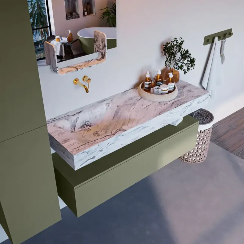 Korting Mondiaz Alan DLux badmeubel 130cm army 1 lade met wastafel glace links zonder kraangat