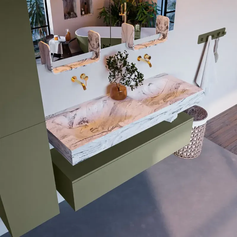 Mondiaz Alan DLux badmeubel 130cm army 1 lade met wastafel glace dubbel zonder kraangat Dagaanbieding