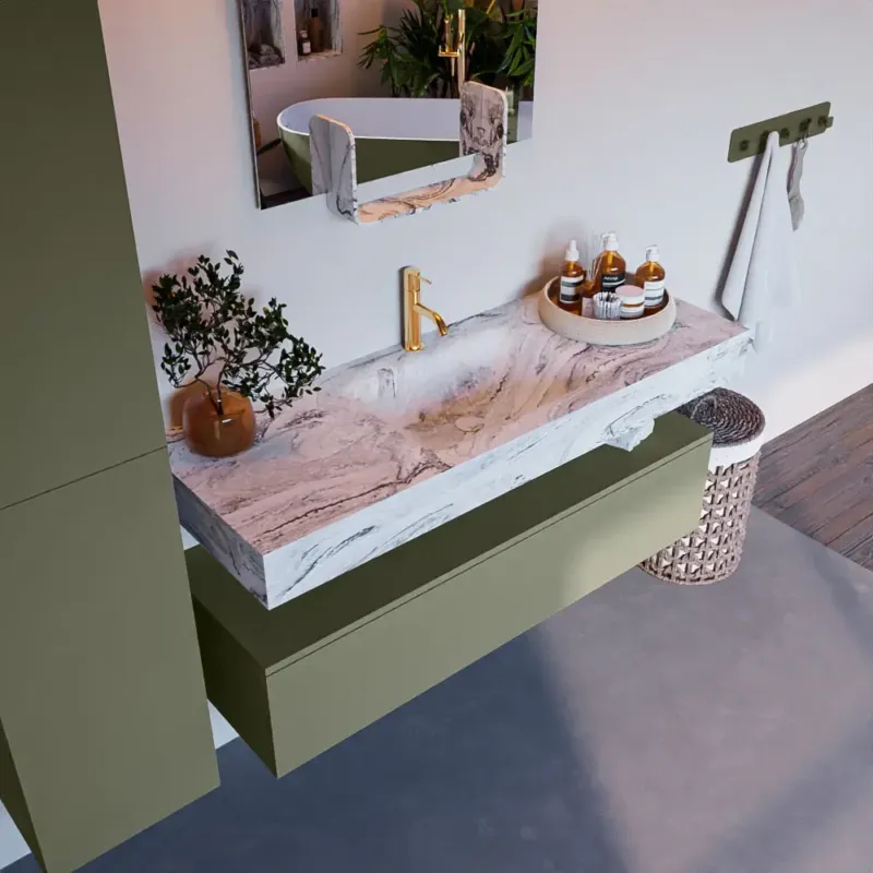 Mondiaz Alan DLux badmeubel 130cm army 1 lade met wastafel glace midden 1 kraangat Hoge Kwaliteit