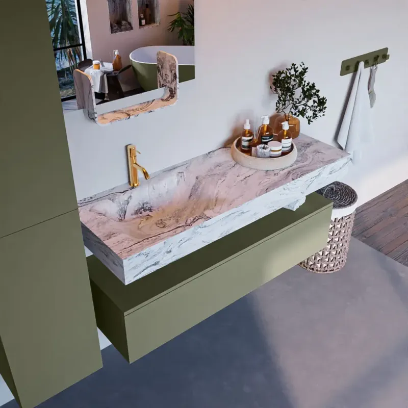 Mondiaz Alan DLux badmeubel 130cm army 1 lade met wastafel glace links 1 kraangat Seizoensaanbieding