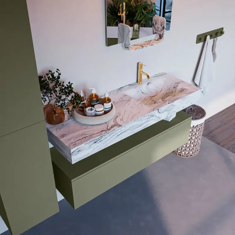 Mondiaz Alan DLux badmeubel 130cm army 1 lade met wastafel glace rechts 1 kraangat Hete Deal