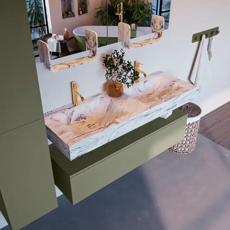 Finale Uitverkoop Mondiaz Alan DLux badmeubel 130cm army 1 lade met wastafel glace dubbel 2 kraangaten