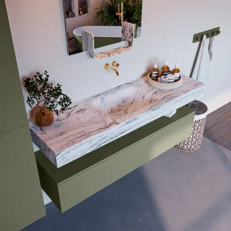 Mondiaz Alan DLux badmeubel 150cm army 1 lade met wastafel glace midden zonder kraangat Favoriet