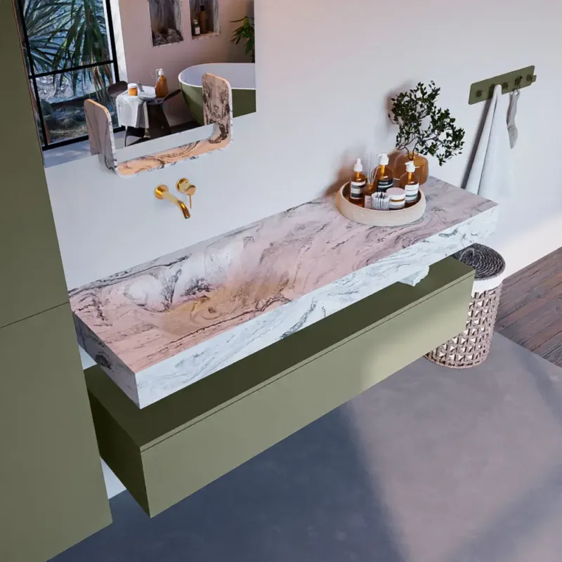 Mondiaz Alan DLux badmeubel 150cm army 1 lade met wastafel glace links zonder kraangat Meest Verkocht