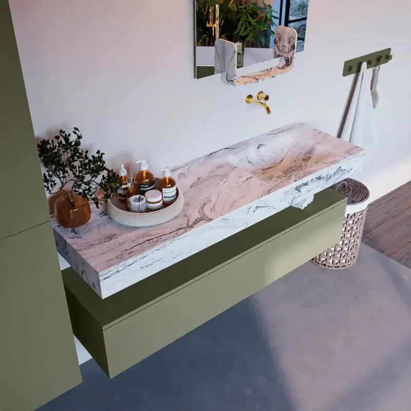 Mondiaz Alan DLux badmeubel 150cm army 1 lade met wastafel glace rechts zonder kraangat Betrouwbaar