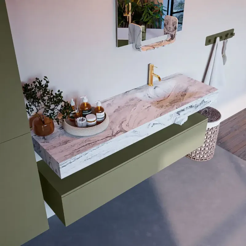 Mondiaz Alan DLux badmeubel 150cm army 1 lade met wastafel glace rechts 1 kraangat Aanbieding