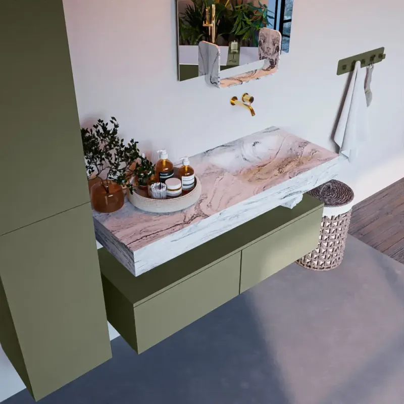 Mondiaz Alan DLux badmeubel 120cm army 2 lades met wastafel glace rechts zonder kraangat Koop Vandaag