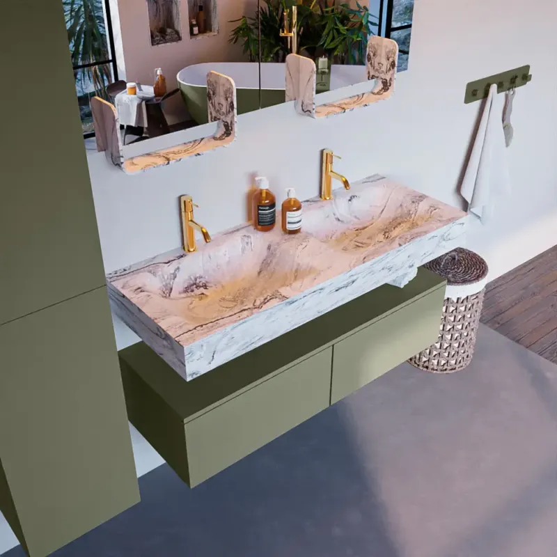 Bestel Nu Mondiaz Alan DLux badmeubel 120cm army 2 lades met wastafel glace dubbel 2 kraangaten