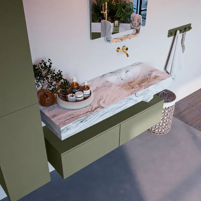 Mondiaz Alan DLux badmeubel 130cm army 2 lades met wastafel glace rechts zonder kraangat Flitsaanbieding