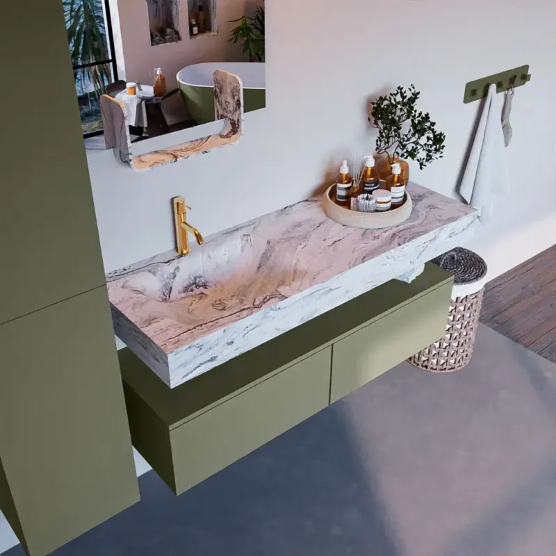 Actieprijs Mondiaz Alan DLux badmeubel 130cm army 2 lades met wastafel glace links 1 kraangat