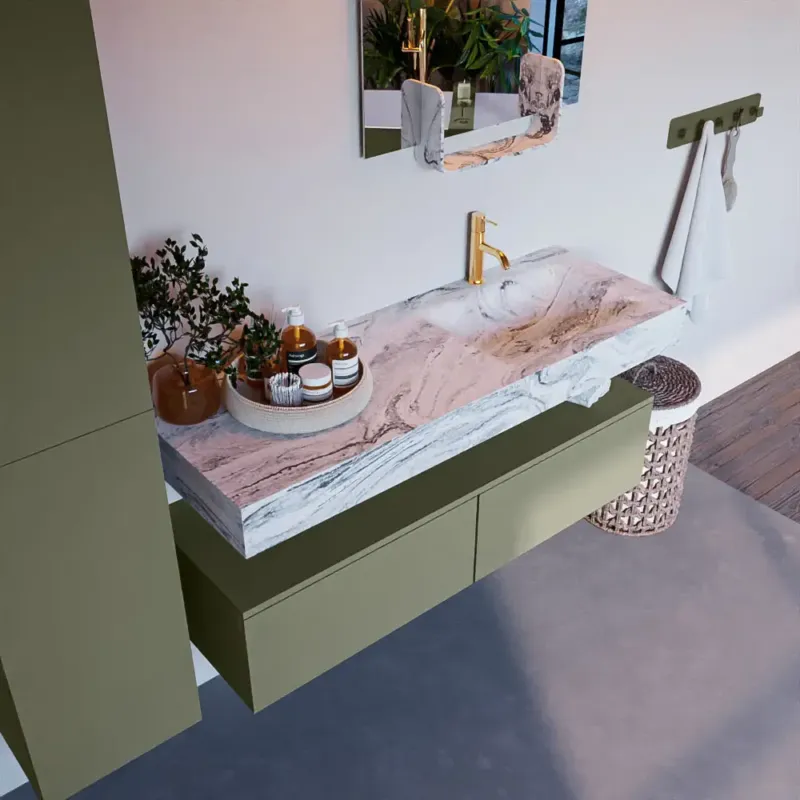 Mondiaz Alan DLux badmeubel 130cm army 2 lades met wastafel glace rechts 1 kraangat Beperkt Aanbod