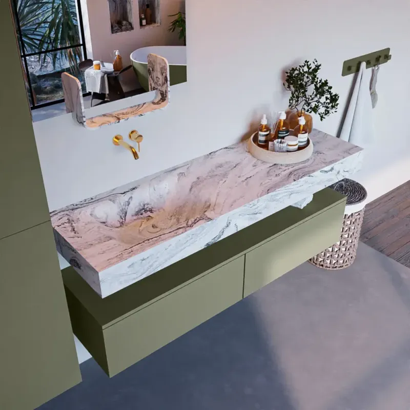 Mondiaz Alan DLux badmeubel 150cm army 2 lades met wastafel glace links zonder kraangat Bestel Nu