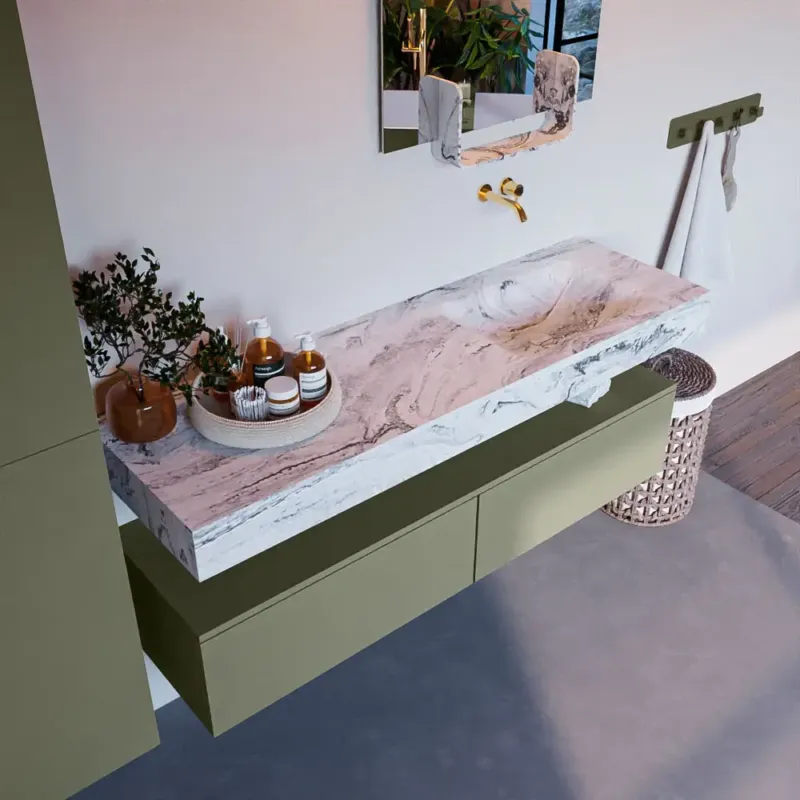 Mondiaz Alan DLux badmeubel 150cm army 2 lades met wastafel glace rechts zonder kraangat Express Levering