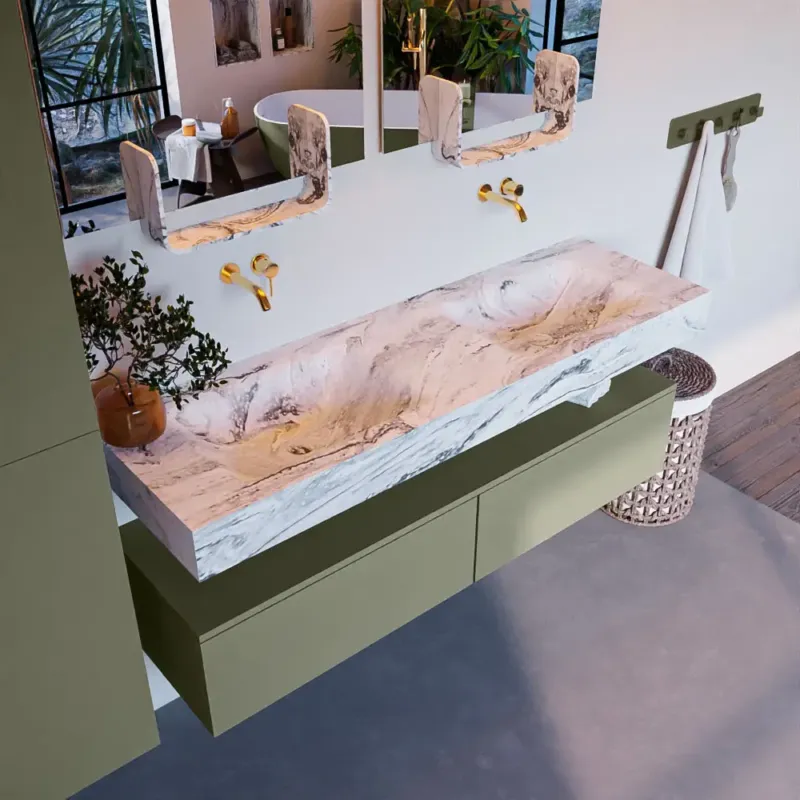Mondiaz Alan DLux badmeubel 150cm army 2 lades met wastafel glace dubbel zonder kraangat Lage Kosten