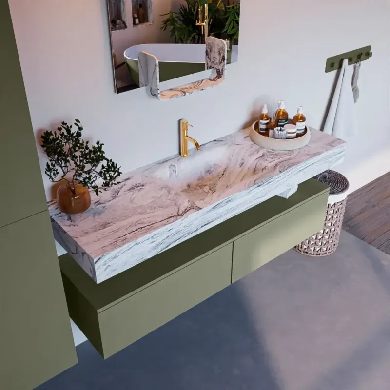 Lage Prijs Mondiaz Alan DLux badmeubel 150cm army 2 lades met wastafel glace midden 1 kraangat