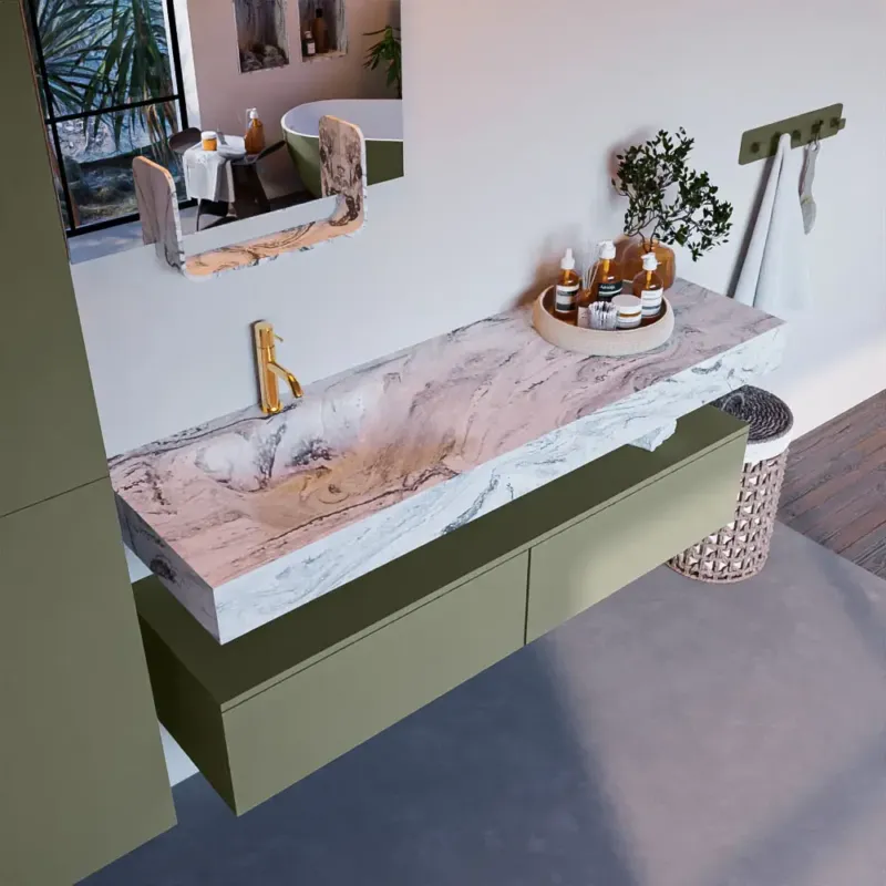 Lage Kosten Mondiaz Alan DLux badmeubel 150cm army 2 lades met wastafel glace links 1 kraangat