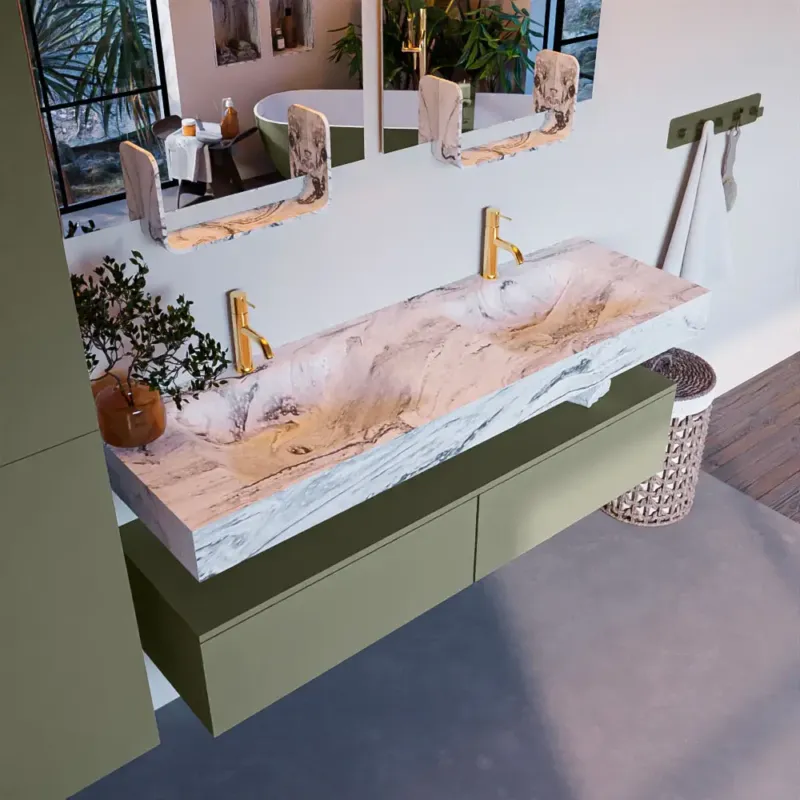Mondiaz Alan DLux badmeubel 150cm army 2 lades met wastafel glace dubbel 2 kraangaten Flitsaanbieding