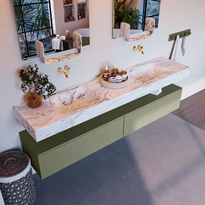 Mondiaz Alan DLux badmeubel 200cm army 2 lades met wastafel glace dubbel zonder kraangat Fabrieksprijs
