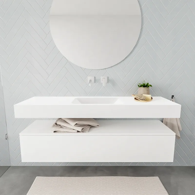 Veilige Betaling Badkamermeubel AQS Ibiza 150 cm Soft-Close Lade Solid Surface Wastafel Mat Wit (acht varianten)