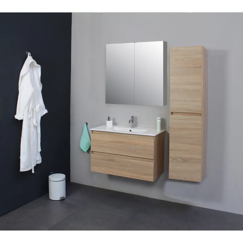 Badkamermeubel BWS Pepper Wastafel Porselein Incl Spiegelkast 2 Deurs Met 1 Kraangat 80x55x46 cm Eiken Goedkoop