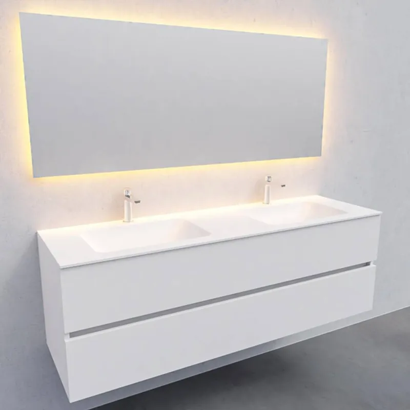 Badkamermeubel Solid Surface AQS Oslo 150x46 cm Dubbel Mat Wit (2 kraangaten) Bestseller