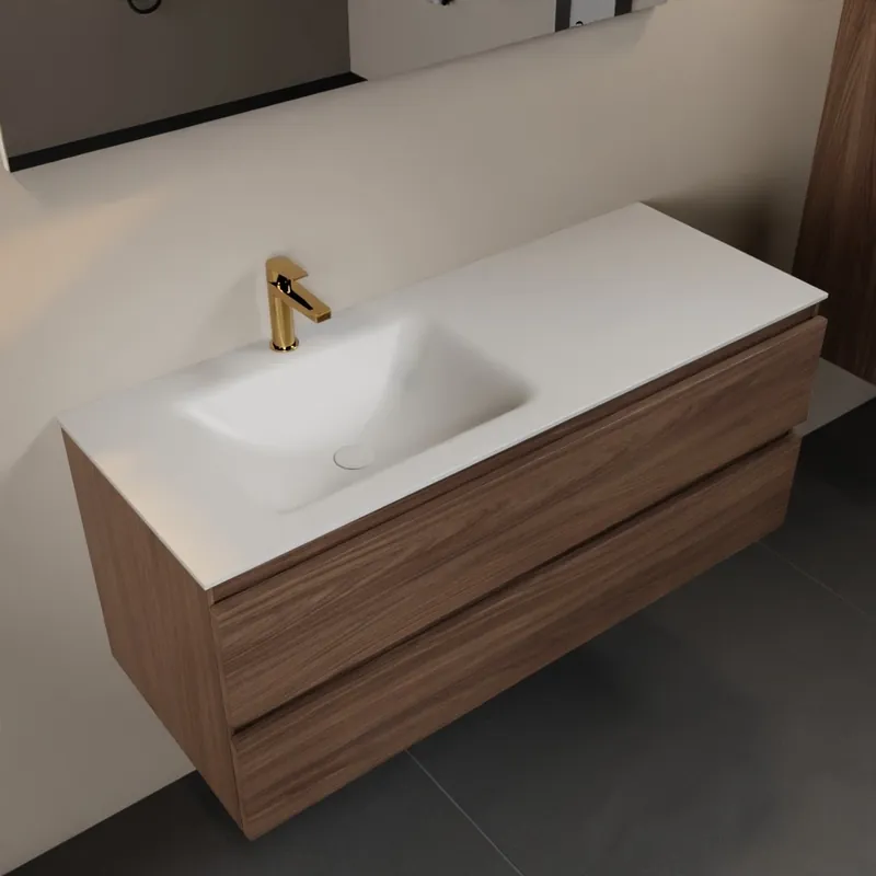 Exclusieve Aanbieding MONDIAZ AIVY 120cm badmeubel Mocha, wastafel Talc solid surface links 1 kraangat (AI-351631TALC-SI - AI-M120MOLI)