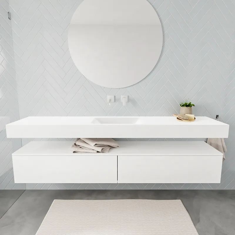 Fabrieksprijs Badkamermeubel AQS Ibiza 200 cm Twee Soft-Close Lades Solid Surface Wastafel Mat Wit (acht varianten)