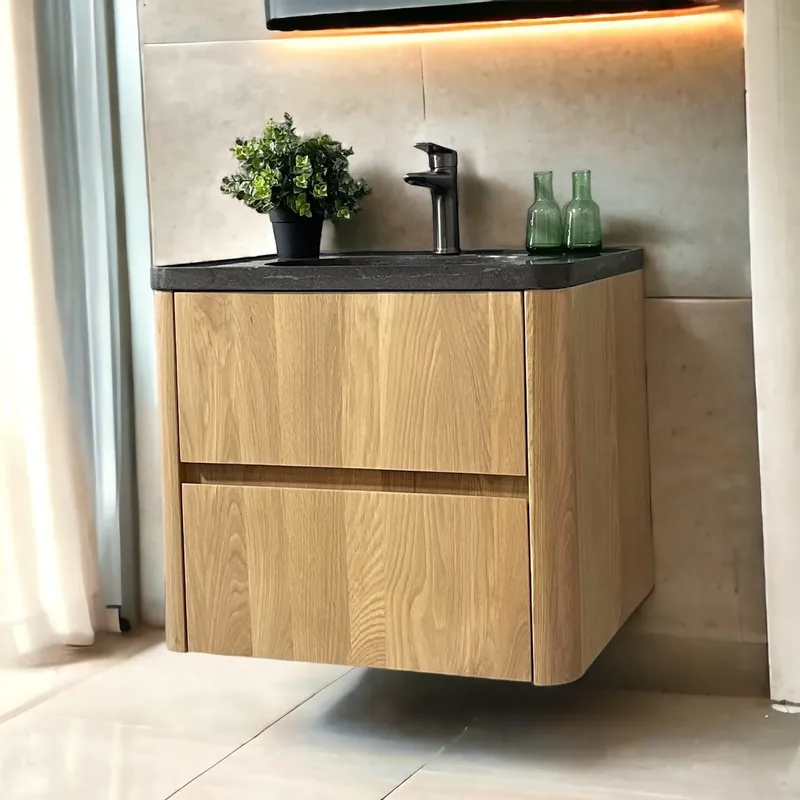 Voordeelprijs Badmeubel Casajoy Bold Natuurstenen Wastafel Met Onderkast 60 cm 2 Lades Eiken