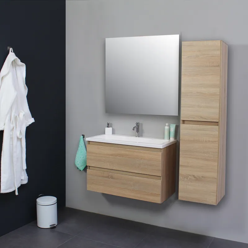 Seizoensaanbieding Badkamermeubel Boss & Wessing Pepper Acryl Wastafel Met Kraangat Inclusief Spiegel 80x55x46 cm Eiken
