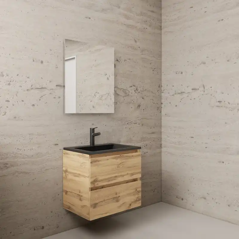Veilige Betaling Aktie! Badmeubel Boss & Wessing Paris 60 cm Mat Zwart Wastafel Compleet Dakota Oak (1 Kraangat) - Copy