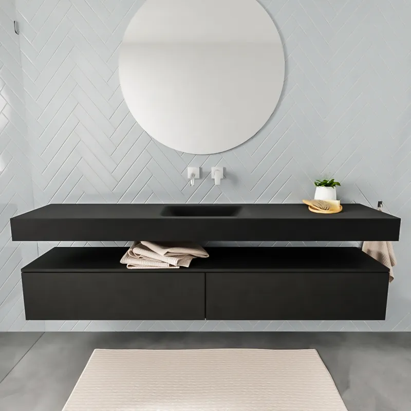 Badkamermeubel AQS Ibiza 200 cm Twee Soft-Close Lades Solid Surface Wastafel Mat Zwart (acht varianten) Fabrieksprijs