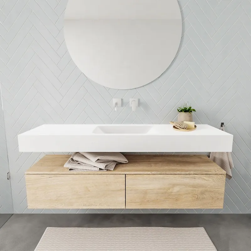 Badkamermeubel AQS Ibiza 150 cm Washed Oak Twee Soft-Close Lades Solid Surface Wastafel Mat Wit (acht varianten) Premium