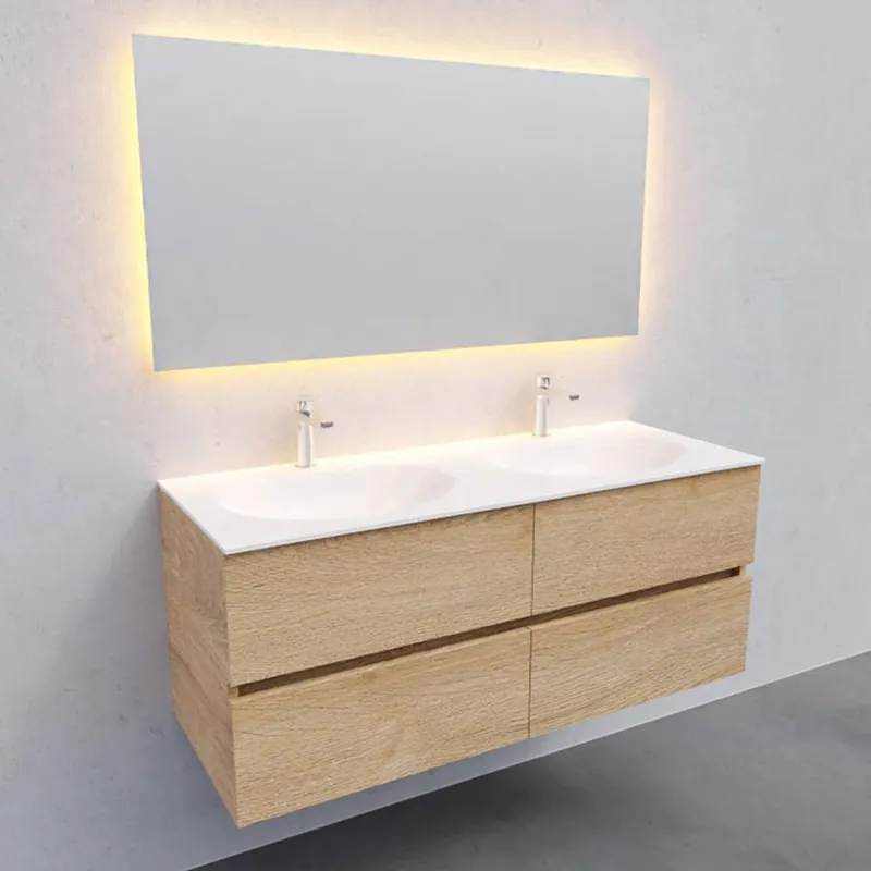 Badkamermeubel Solid Surface AQS Stockholm 120x46 cm Dubbel Wood Washed Oak 4 Laden (2 kraangaten) Favoriet