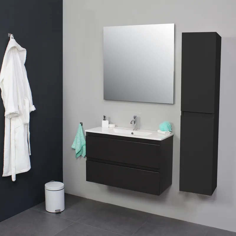 Badkamermeubel Boss & Wessing Pepper Wastafel Porselein Incl Spiegel En Kraangat 80x55x46 cm Antraciet Favoriet