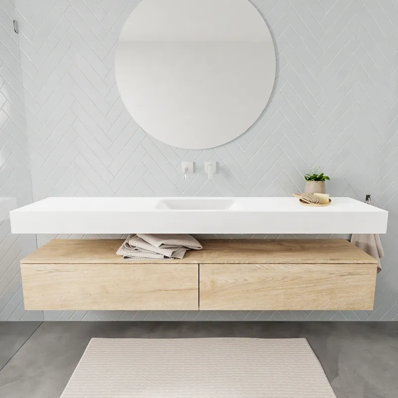 Badkamermeubel AQS Ibiza 200 cm Washed Oak Twee Soft-Close Lades Solid Surface Wastafel Mat Wit (acht varianten) Nieuw