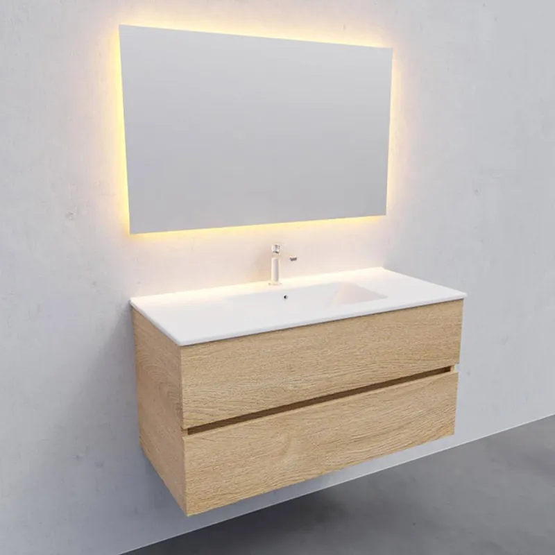Beperkte Voorraad Badkamermeubel AQS Helsinki 100x46cm Keramiek Midden Wood Washed Oak 2 Laden (1 kraangat)